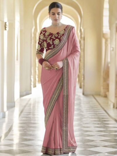 Embroidery Wedding Pink Saree