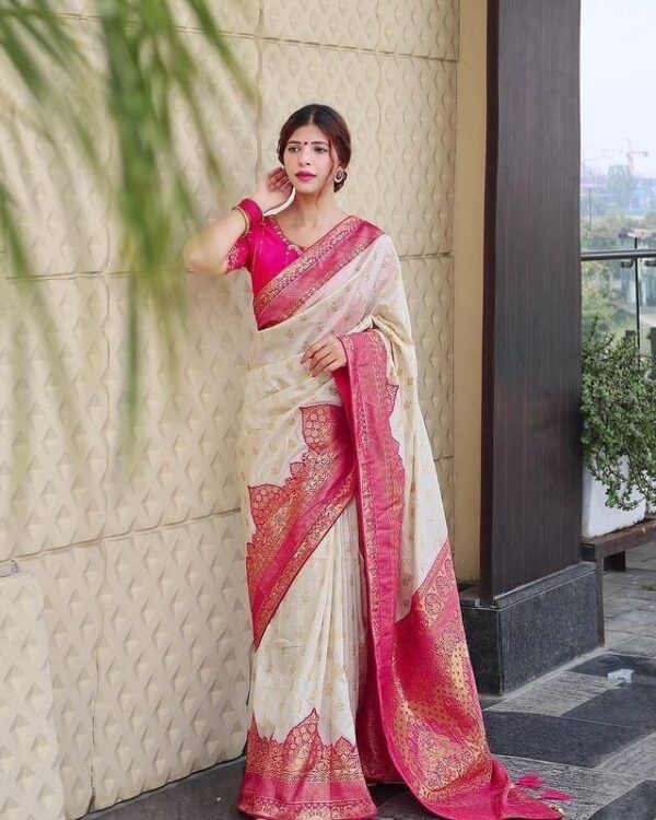 Wedding Cream Silk Saree Pink Border