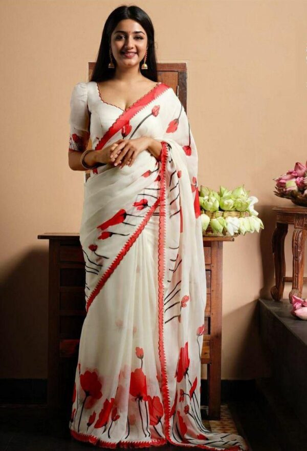 Fancy Printed Linen White Saree