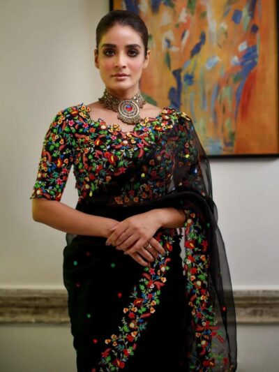 Designer Work Georgette Black Saree