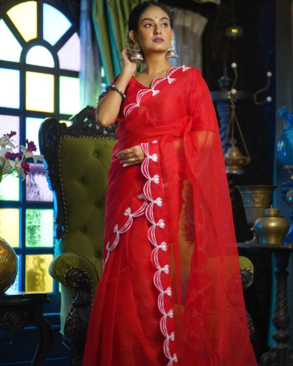 Women Fancy Red Organza Saree