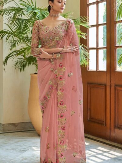 Wedding Work Organza Pink Saree