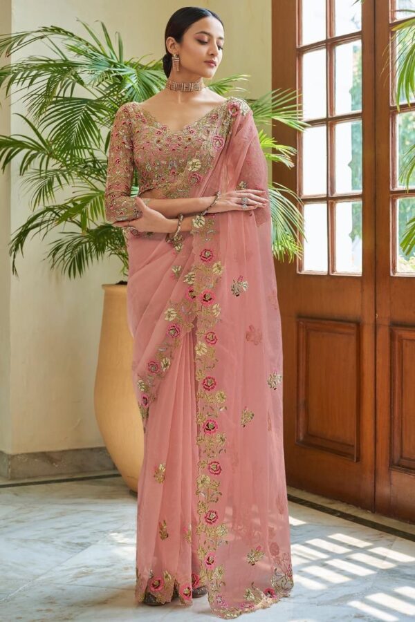 Wedding Work Organza Pink Saree