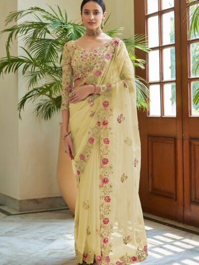 Wedding Haldi Work Yellow Saree