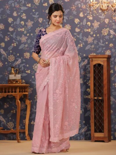 Embroidery Wedding Work Pink Saree