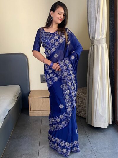 Women's Wedding Work Blue Saree