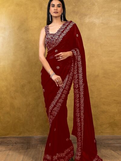 Women's Fancy Work Red Saree