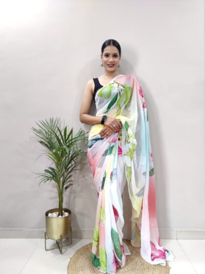 Floral Ready to Wear White Saree