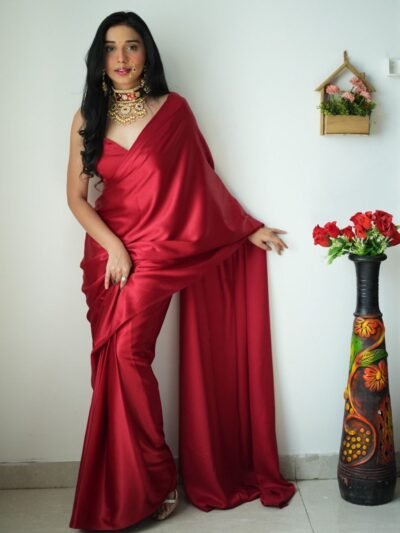 Plain Silk Reay to Wear Red Saree