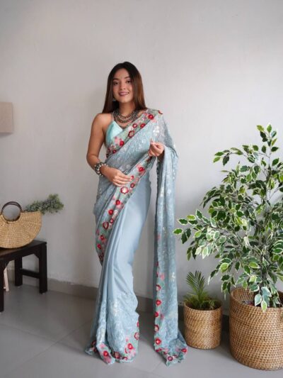 Designer Work Wedding Sky Blue Saree