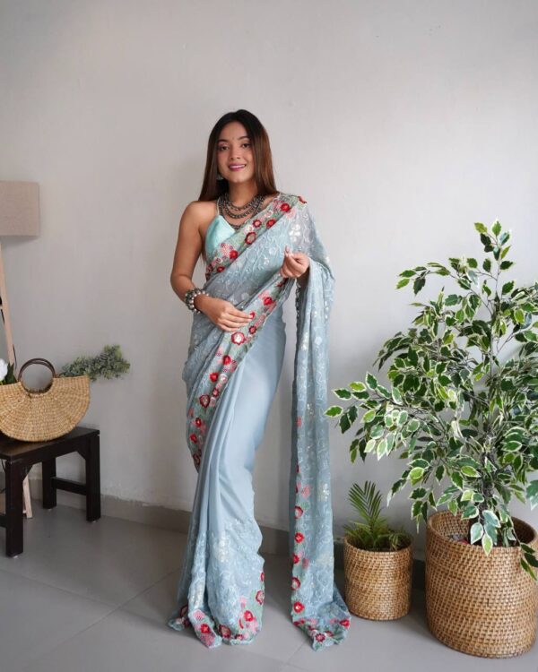 Designer Work Wedding Sky Blue Saree