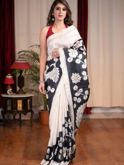 Fancy Printed Stylish wear White Saree