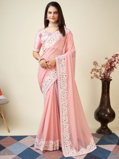 Wedding Party Work Pink Saree