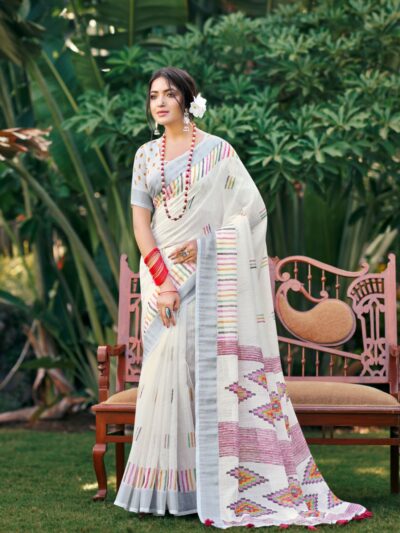 Women's Fancy Linen White Saree