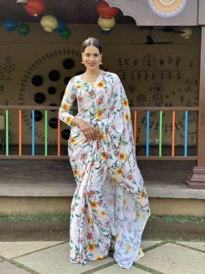 Printed Fancy White Reay to Wear Saree