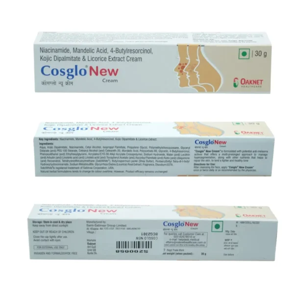 Cosglo New Anti-Melasma Cream 30g box showing niacinamide mandelic acid kojic dipalmitate and licorice extract ingredients