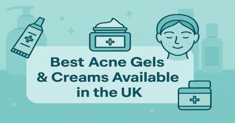Best acne gels and creams available in the UK with skincare icons and soothing design elements.