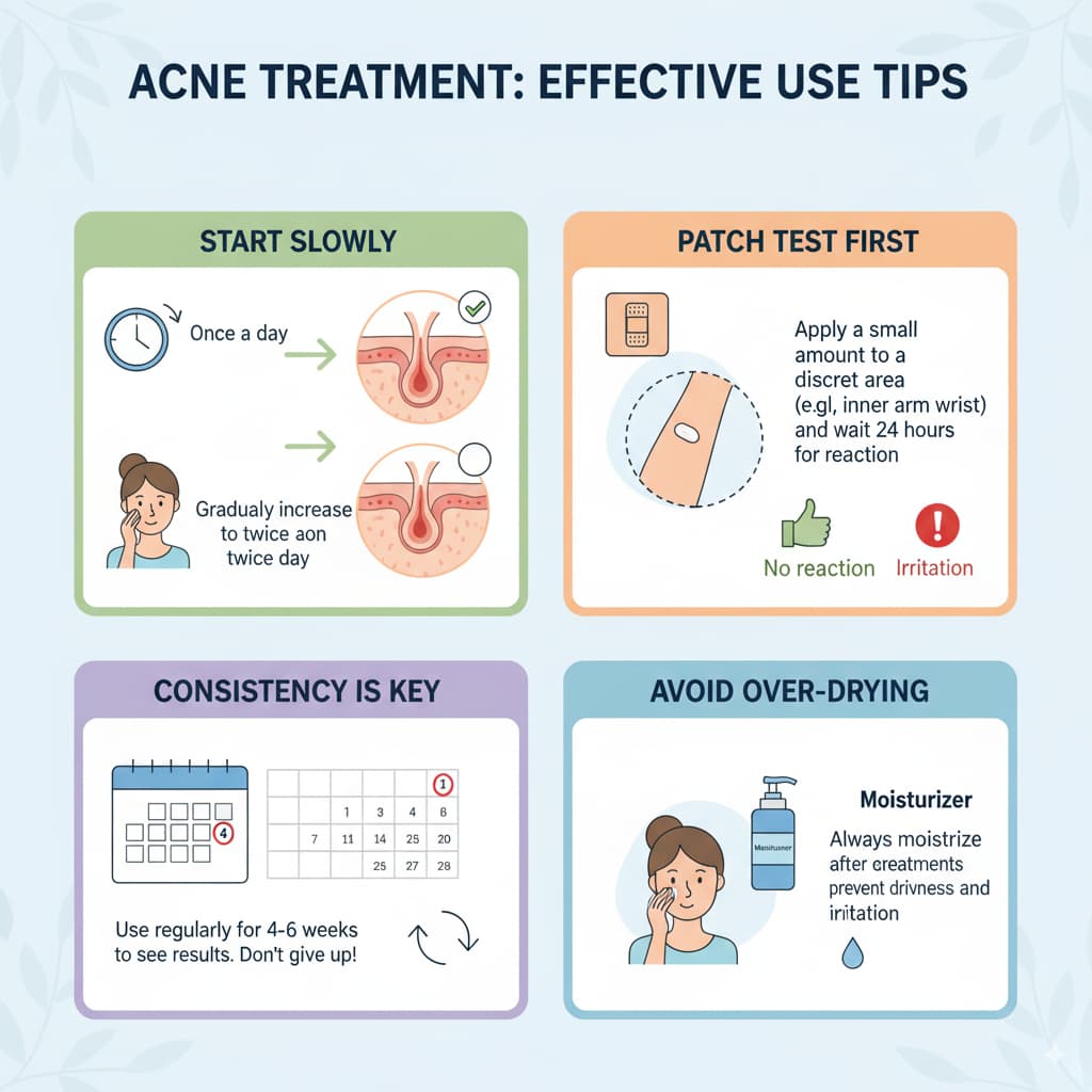 Infographic with tips for acne treatment, including starting slowly, patch testing, being consistent for 4-6 weeks, and using moisturizer to avoid dryness