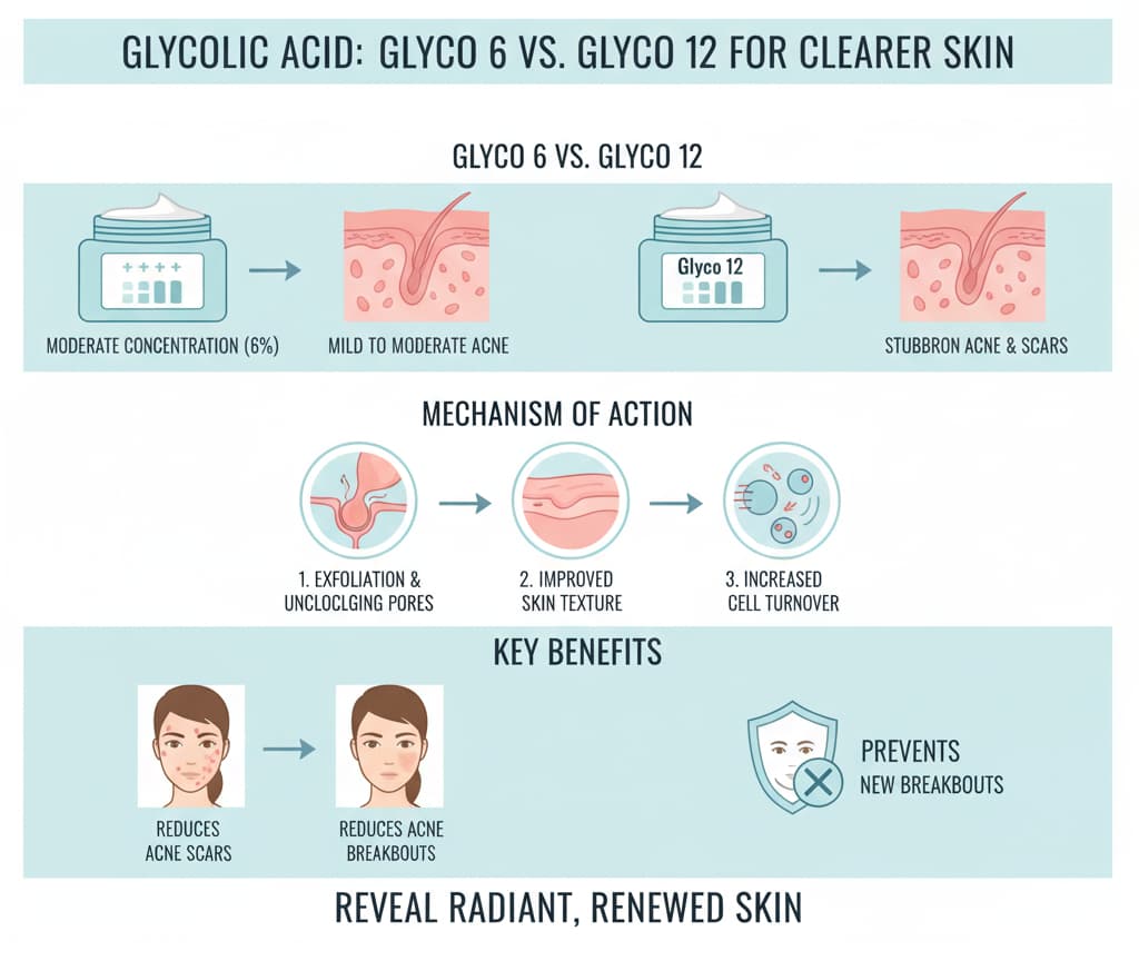 Infographic explaining how Glyco 6 and Glyco 12 acne treatments work with glycolic acid to exfoliate the skin, remove dead skin cells, and prevent breakouts