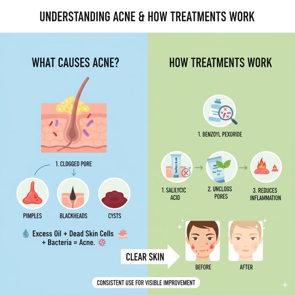 Infographic explaining acne causes and how acne creams and gels with ingredients like benzoyl peroxide, salicylic acid, and tea tree oil work to treat acne.