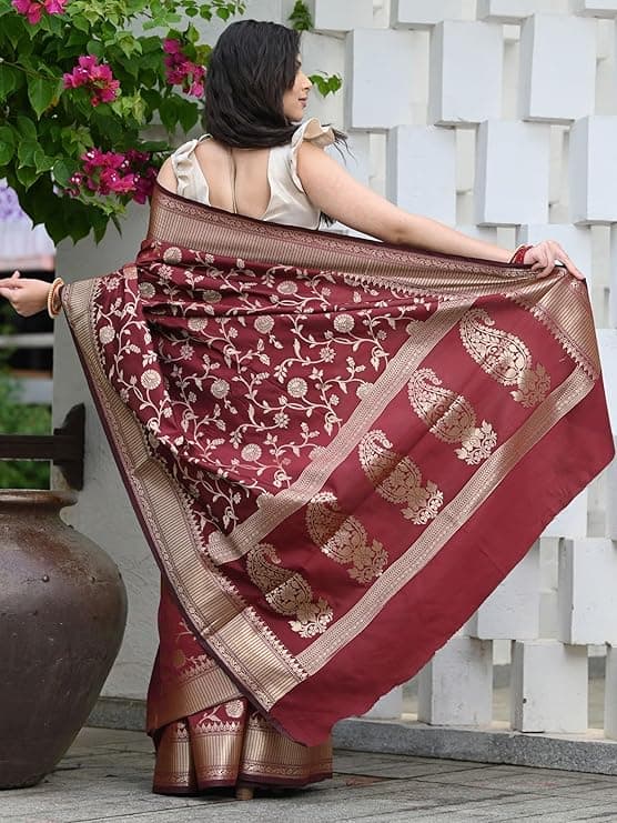 Maroon Banarasi Kanjivaram Silk Saree for Women with Blouse Piece