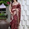 women wear maroon silk saree