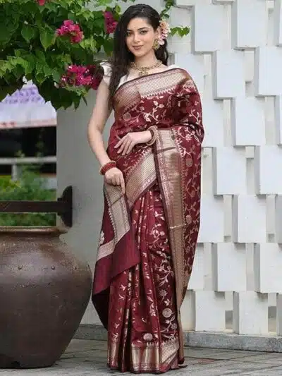 women wear maroon silk saree