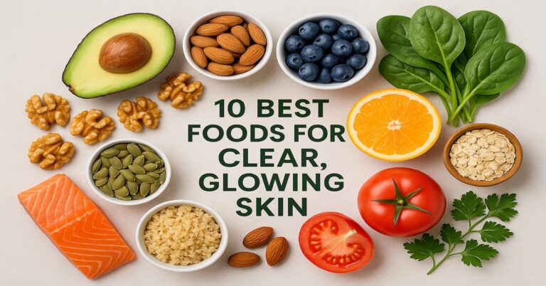 A vibrant image showcasing ten nutrient-rich foods that promote clear, glowing skin, including avocado, almonds, blueberries, walnuts, orange, spinach, salmon, pumpkin seeds, quinoa, oats, tomato, and parsley. The foods are arranged on a light neutral backdrop with the title "10 BEST FOODS FOR CLEAR, GLOWING SKIN" in bold dark green letters