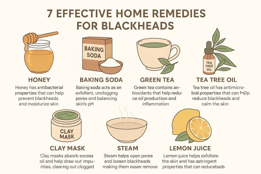 Infographic displaying seven home remedies for blackheads: Honey, Baking Soda, Green Tea, Tea Tree Oil, Clay Masks, Steam, and Lemon Juice, with brief descriptions of their benefits