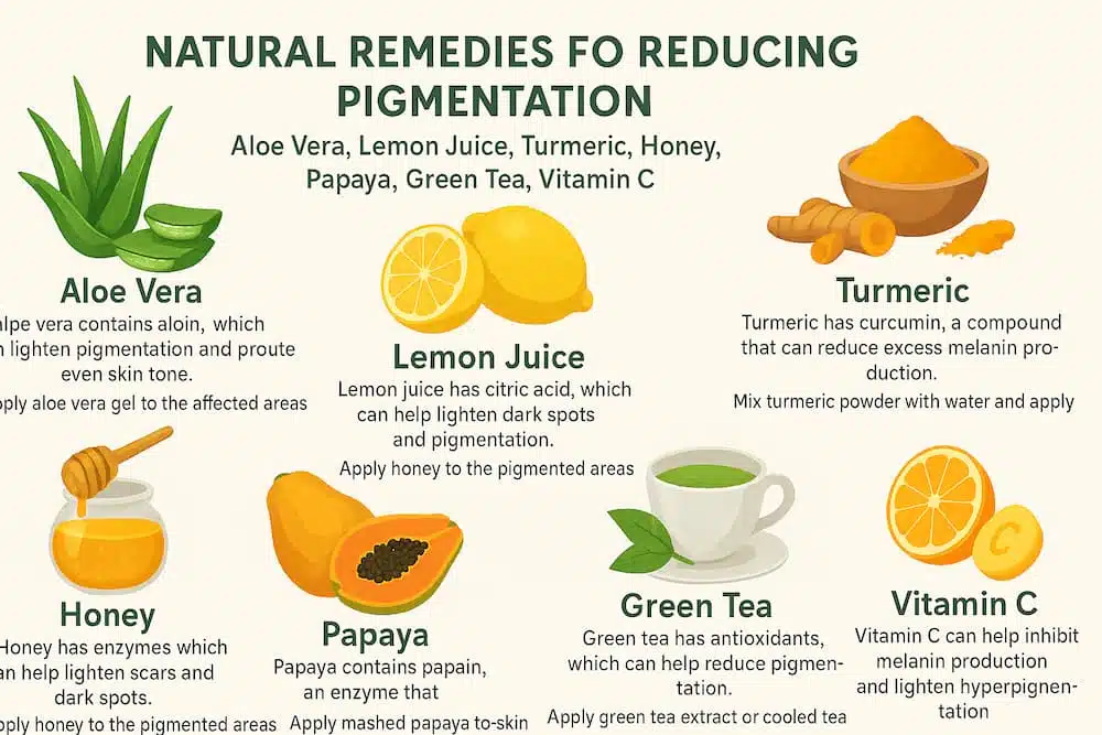 Infographic showing seven natural remedies for pigmentation issues: Aloe Vera, Lemon Juice, Turmeric, Honey, Papaya, Green Tea, and Vitamin C, with brief descriptions of their benefits