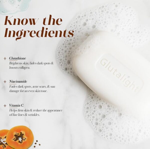 Key ingredients in Glutalight Skin Brightening Soap: Glutathione (brightens skin and fades dark spots), Niacinamide (fades dark spots and sun damage), and Vitamin C (reduces fine lines and wrinkles)