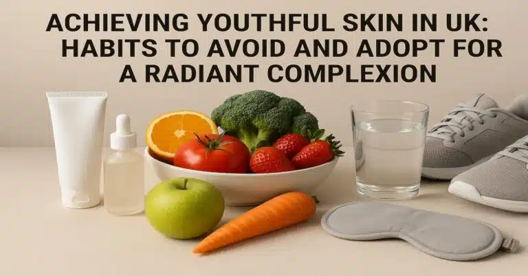 An informative image illustrating habits to avoid and adopt for achieving youthful, radiant skin. The image features a well-lit composition of skincare products, healthy foods, and lifestyle elements like water, exercise, and sleep. The title "Achieving Youthful Skin in the UK" is displayed in bold letters, emphasizing tips for maintaining a glowing complexion