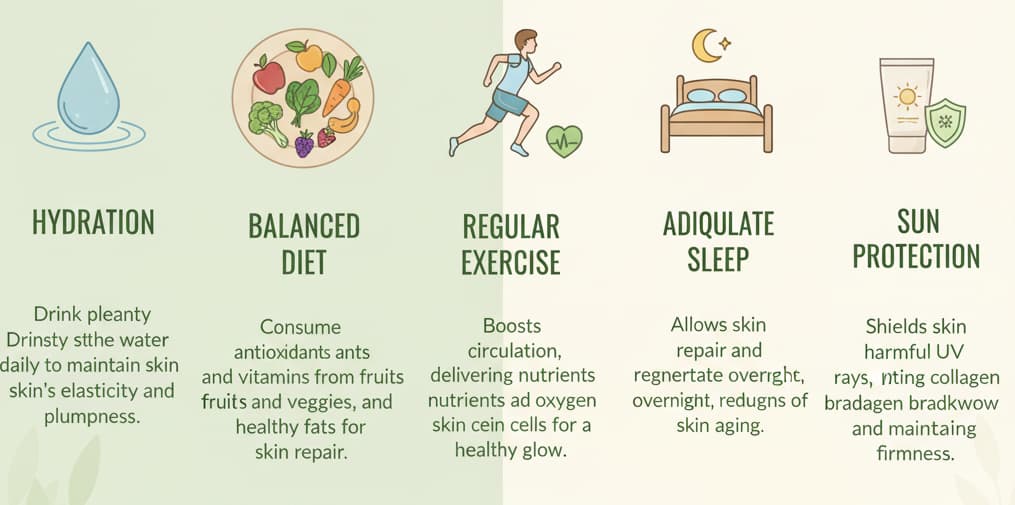 Infographic providing additional tips for firmer skin, including Hydration, Balanced Diet, Regular Exercise, Adequate Sleep, and Sun Protection, with clear visuals and brief explanations.