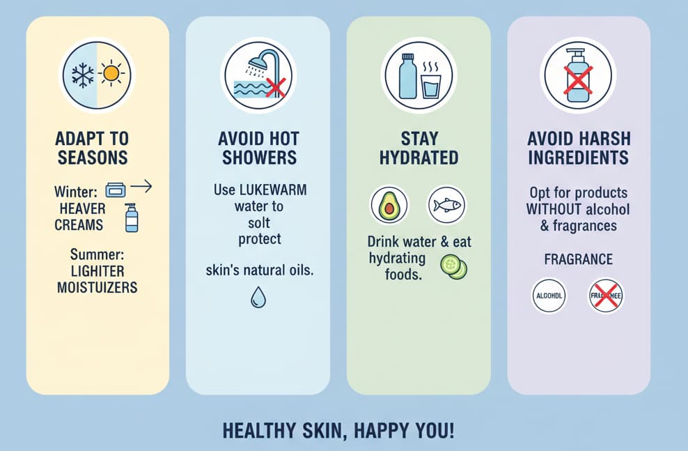 Infographic with tips for managing dry skin in the UK, including adapting skincare to seasons, avoiding hot showers, staying hydrated, eating nourishing foods, and avoiding harsh ingredients