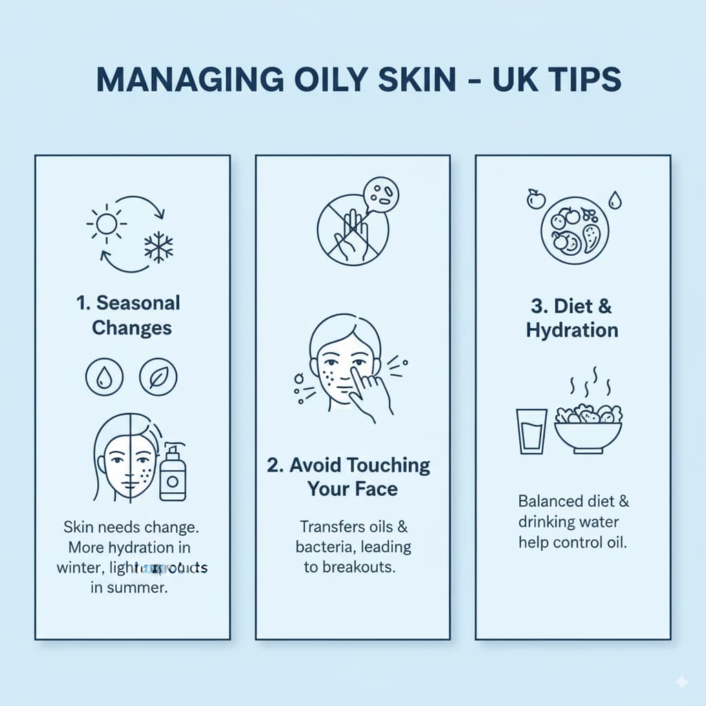 Infographic with tips for managing oily skin in the UK, including adjusting skincare for seasons, avoiding touching the face, and maintaining a healthy diet and hydration for balanced skin