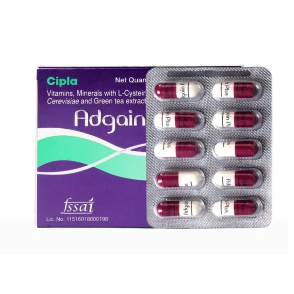 Adgain Plus capsules by Cipla, featuring vitamins, minerals, L-Cysteine, Saccharomyces Cerevisiae, and green tea extract. Capsules in a blister pack with 10 capsules.