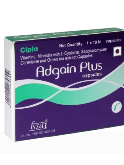 Adgain Plus capsules box by Cipla, containing vitamins, minerals, L-Cysteine, Saccharomyces Cerevisiae, and green tea extract. 10 capsules per box.
