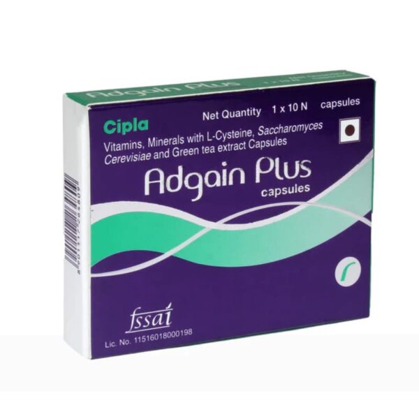 Adgain Plus capsules box by Cipla, containing vitamins, minerals, L-Cysteine, Saccharomyces Cerevisiae, and green tea extract. 10 capsules per box.