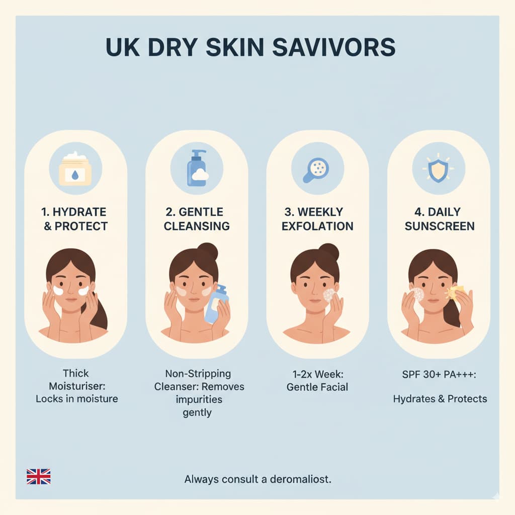 Infographic showing the best skincare routine for dry skin in the UK, including hydrating products, gentle cleansing, exfoliation, and sunscreen for moisture protection