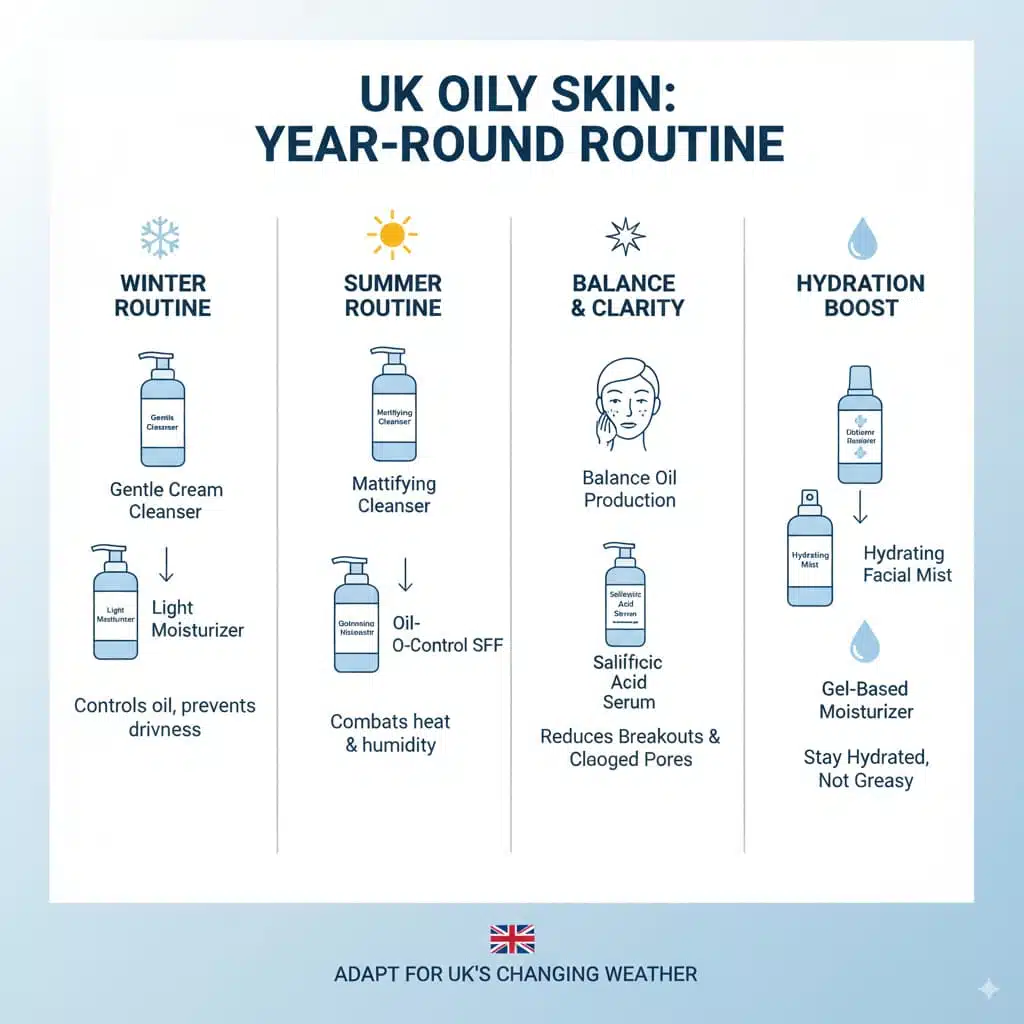 Infographic showing the best skincare routine for oily skin in the UK, with tips for winter and summer skincare, oil control, breakout prevention, and hydration