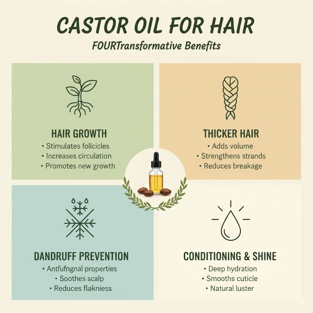 Infographic displaying the benefits of Castor Oil for hair: Hair Growth, Thickening, Dandruff Prevention, and Conditioning/Shining, with step-by-step instructions and tips for each