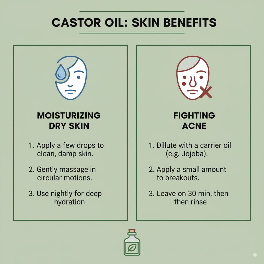 Infographic showing the benefits of Castor Oil for skin: Moisturizing Dry Skin and Fighting Acne, with instructions and tips for each benefit.