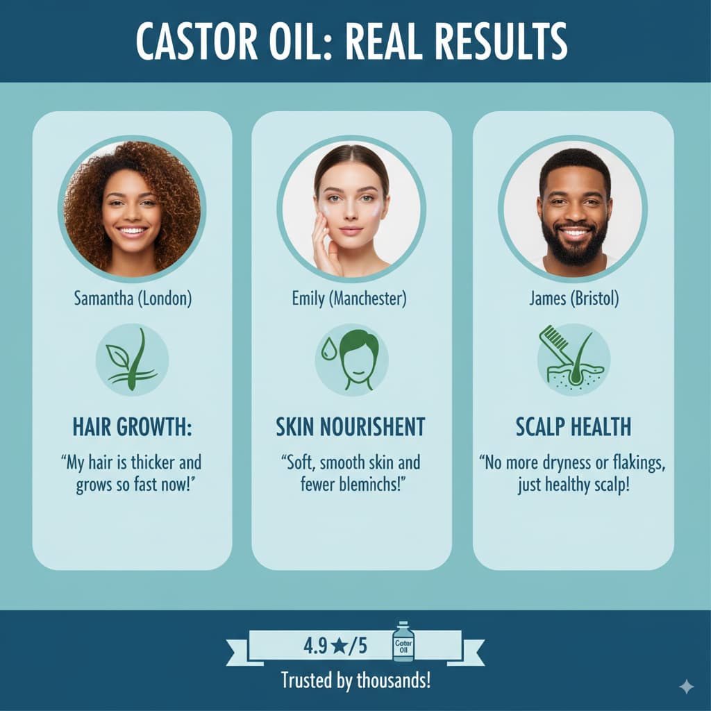 Infographic featuring customer reviews of Castor Oil from London, Manchester, and Bristol, with quotes about its effects on hair, skin, and scalp health