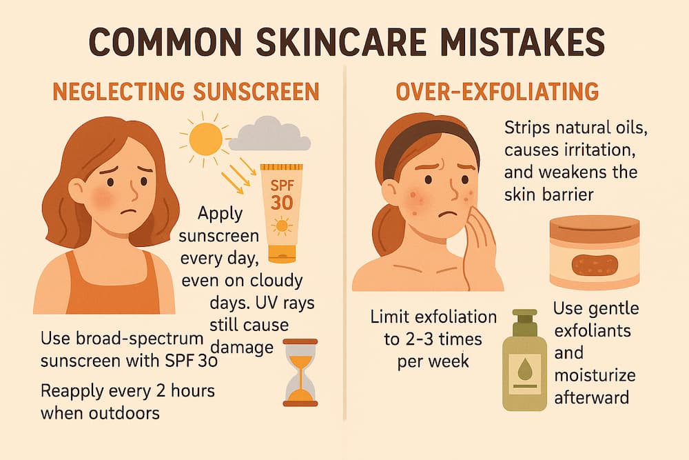 Infographic highlighting skincare mistakes: Neglecting sunscreen and over-exfoliating, with key points and tips to avoid them