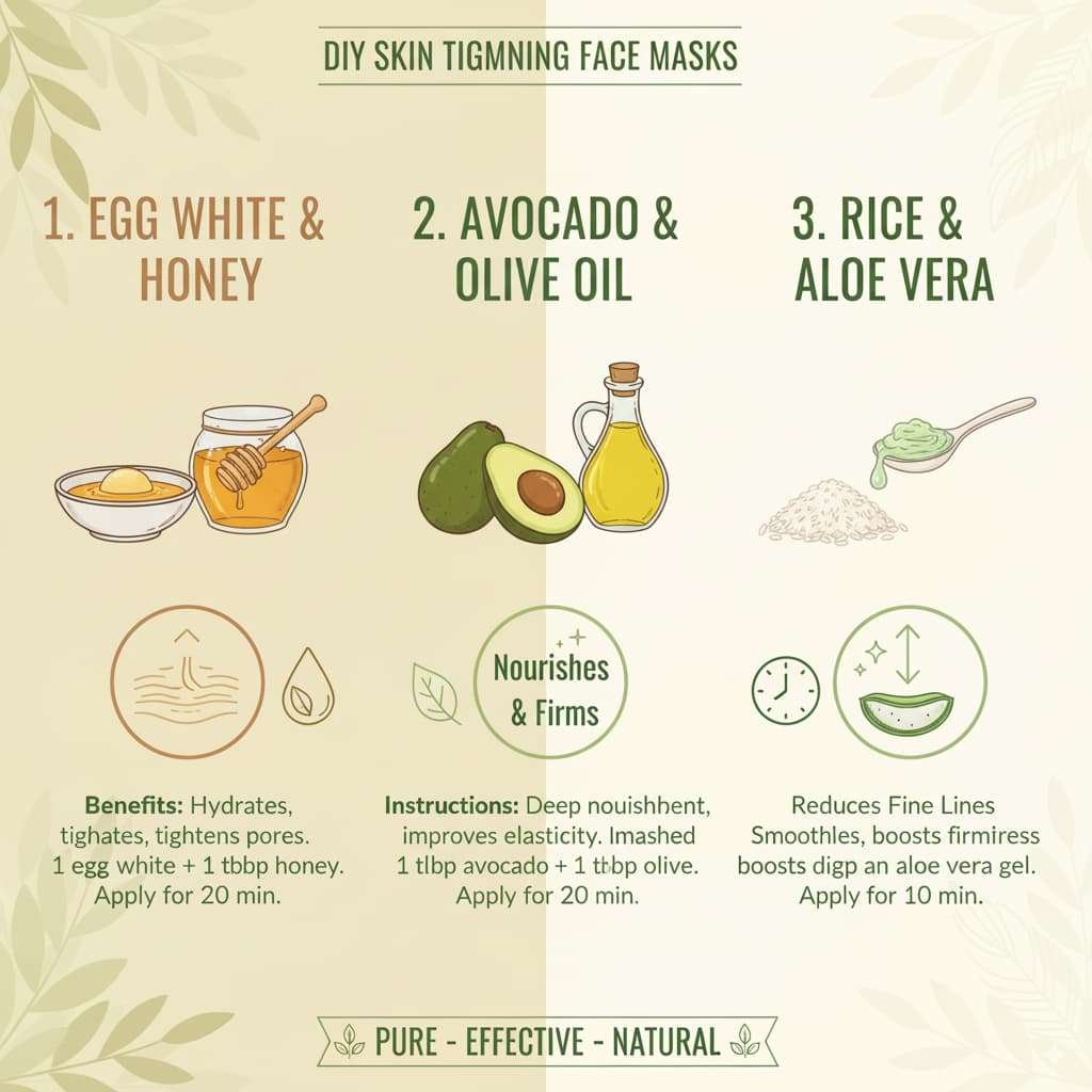 Infographic displaying three DIY face masks for skin tightening: Egg White and Honey, Avocado and Olive Oil, and Rice and Aloe Vera, with visuals and brief instructions on how to use them