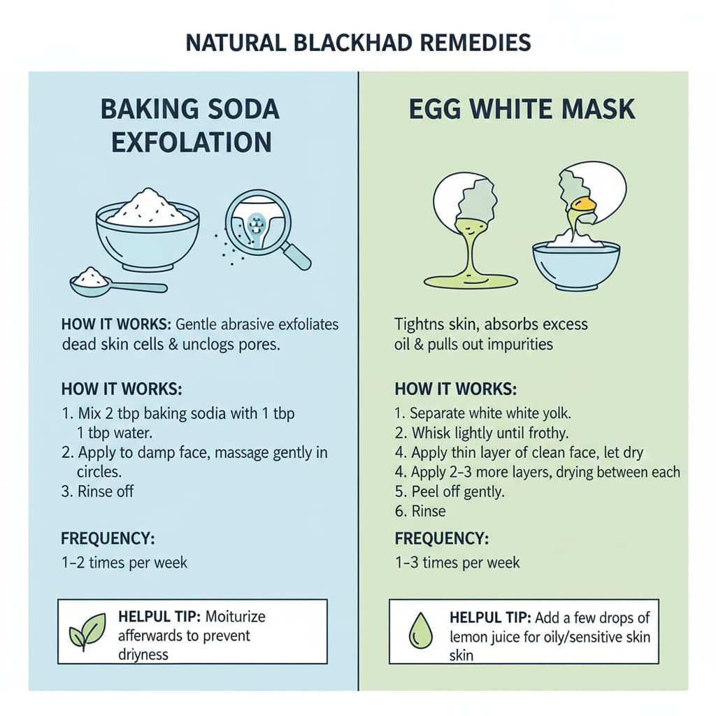 Infographic displaying two natural remedies for blackhead removal: Baking Soda Exfoliation and Egg White Mask, with step-by-step instructions and tips for each remedy