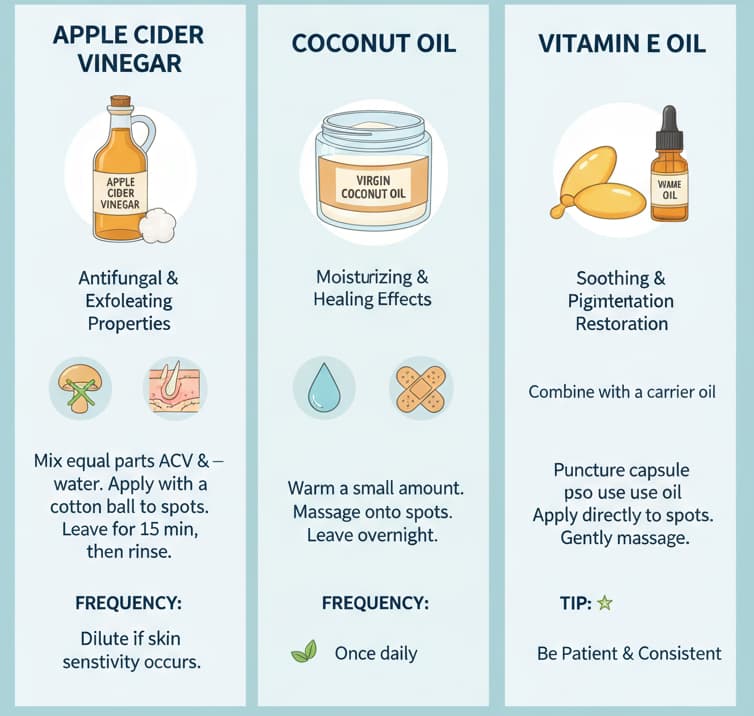 Infographic displaying four natural remedies for treating white spots: Apple Cider Vinegar, Coconut Oil, and Vitamin E Oil, with instructions and tips