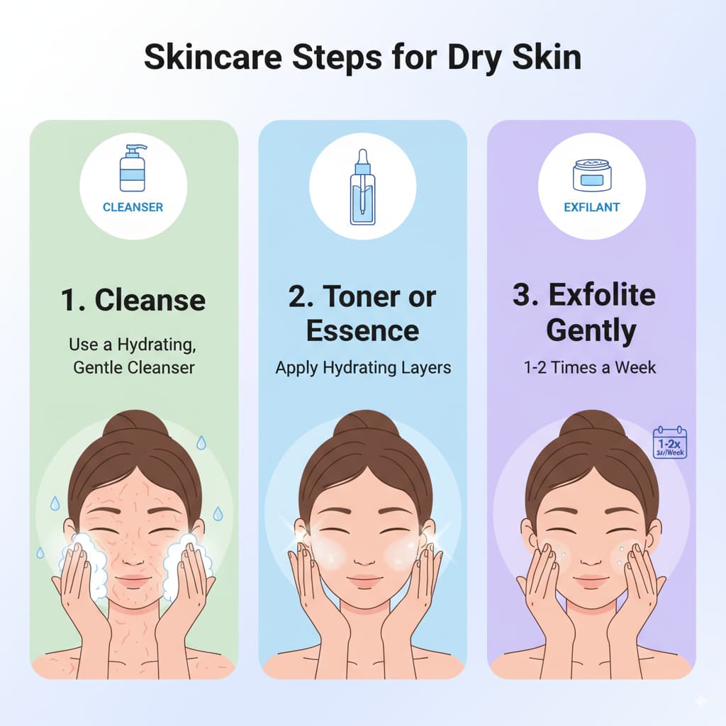 Infographic illustrating three skincare steps for dry skin: using a gentle cleanser, applying a moisturizing toner or essence, and exfoliating 1-2 times a week with mild exfoliants