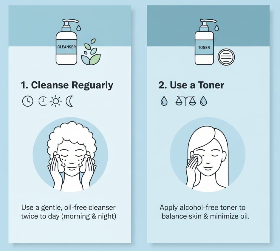 Infographic illustrating two skincare steps for oily skin: cleansing with a gentle, oil-free cleanser and using an alcohol-free toner to balance pH and control oil.