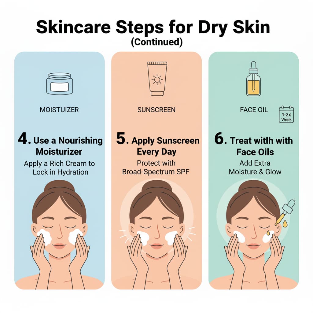 Infographic showing three steps for dry skin care: using a nourishing moisturizer, applying sunscreen, and treating with face oils for added hydration and protection